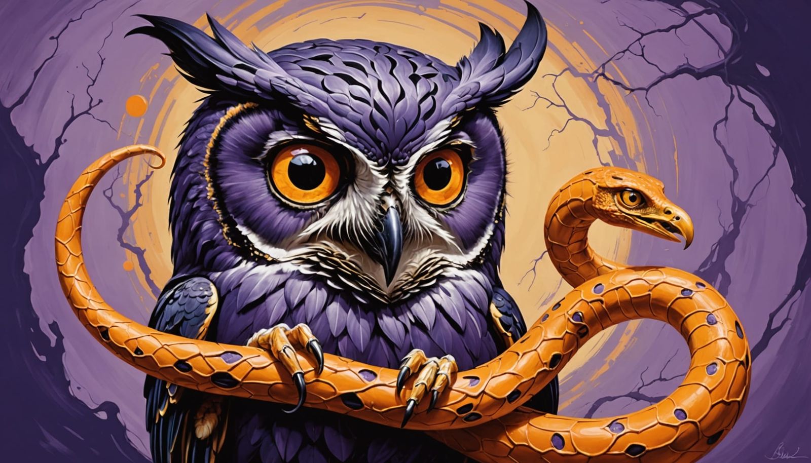 Surreal Purple Owl Captures Orange Snake