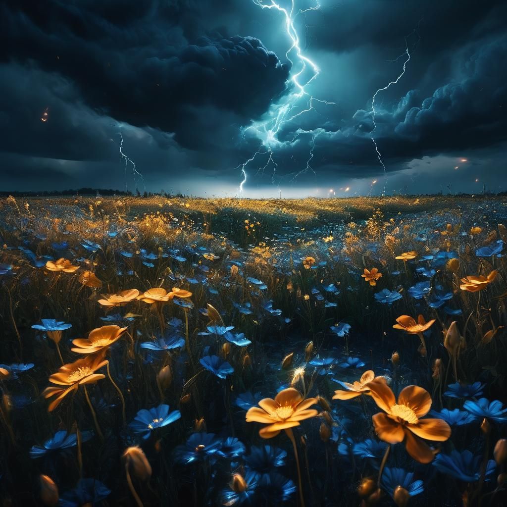Glowing Flowers Under Stormy Sky in Oil Painting Style