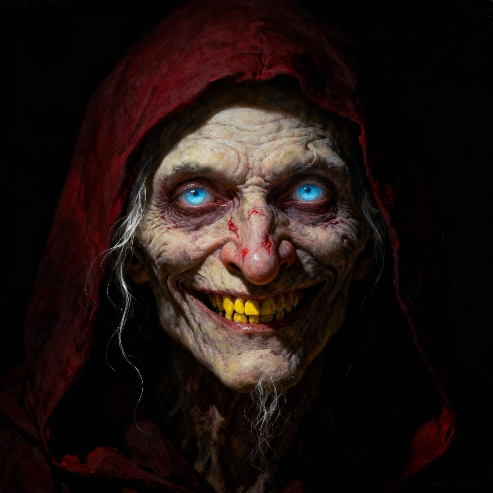 Sinister Old Man in Crimson Hooded Cloak, Dark Fantasy Art