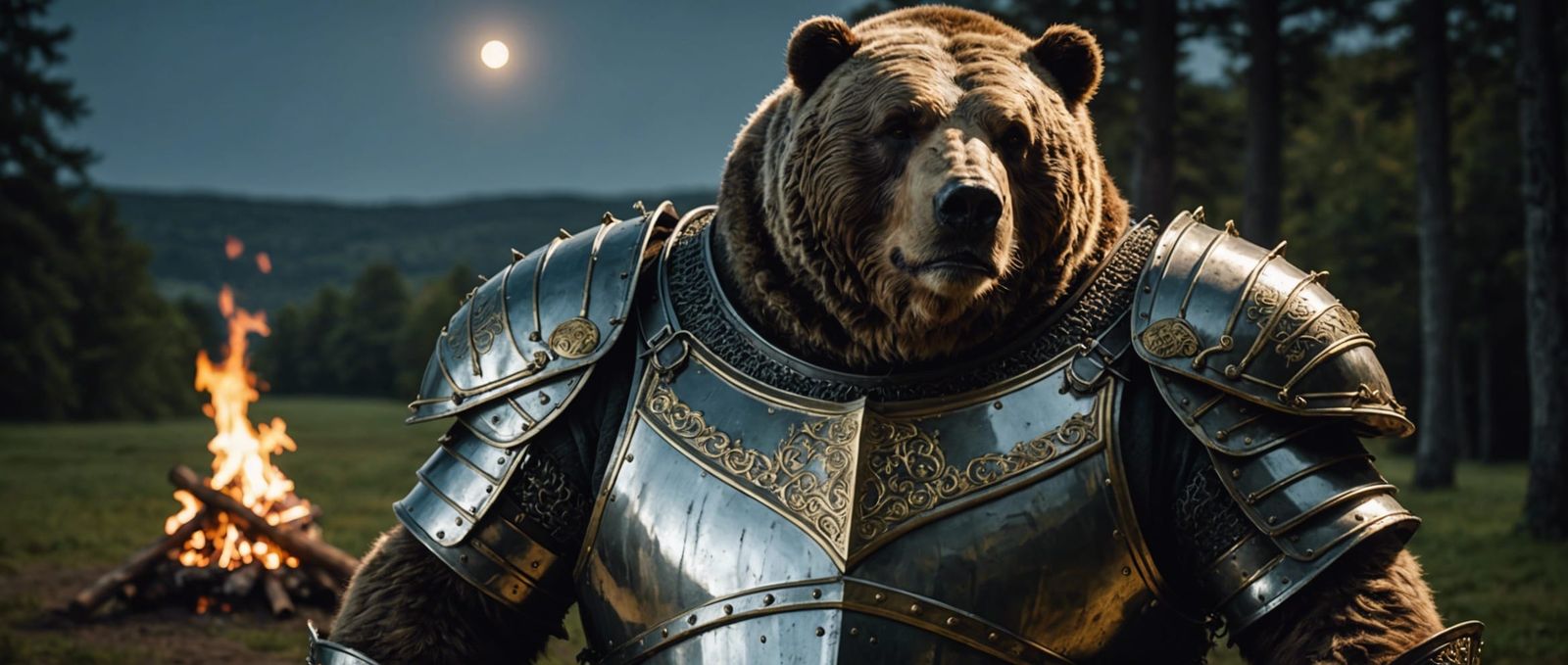Armored Knight Bear in Bonfire-Lit Royal Landscape
