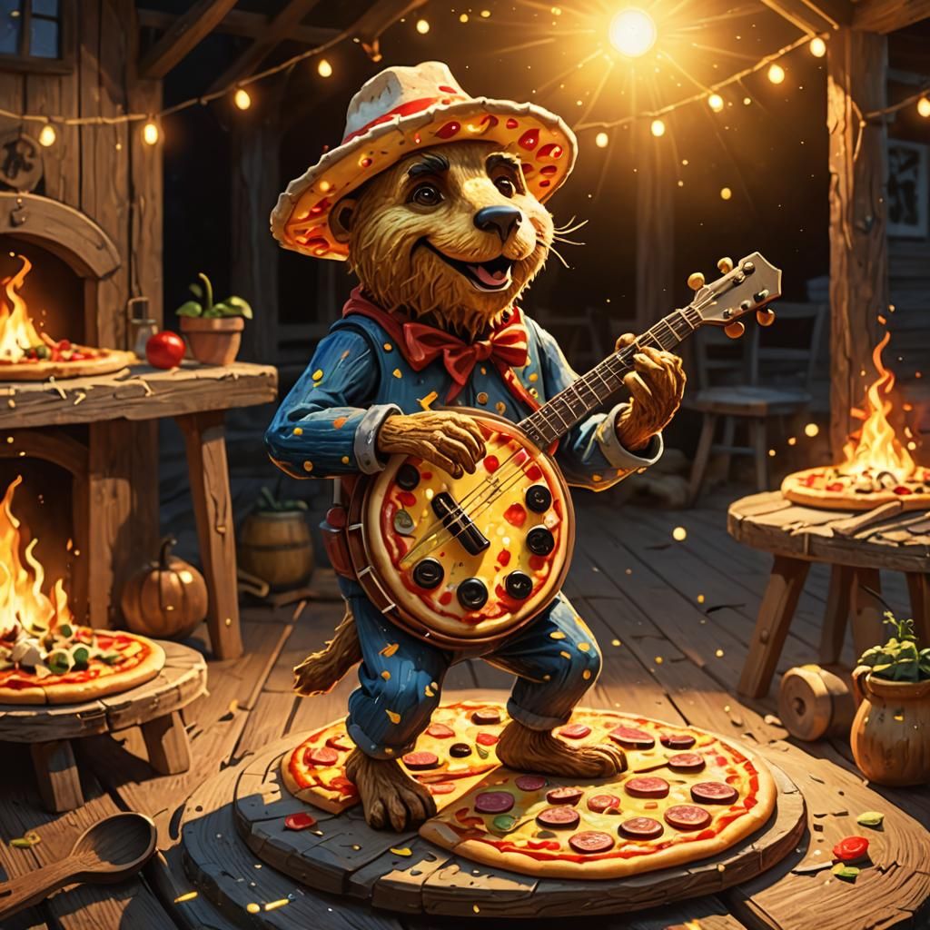 Pizza Plays Banjo on Stage in Van Gogh Style