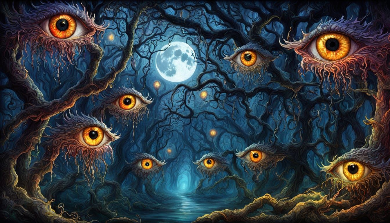 Surreal Misty Forest Garden With Watching Eyes