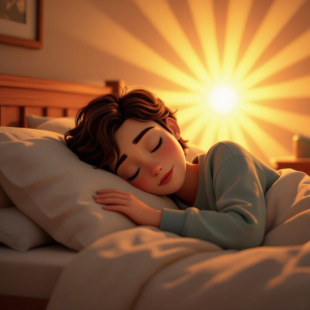Cozy Pixar Style Character Sleeping in Warm Gradient Room