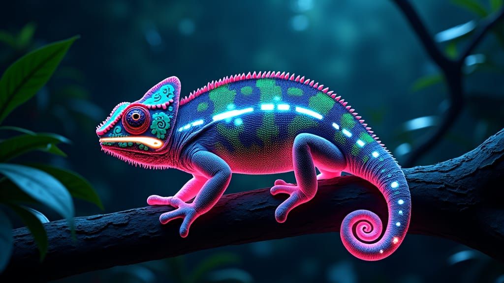 Neon Bioluminescent Chameleon in a Tropical Rainforest