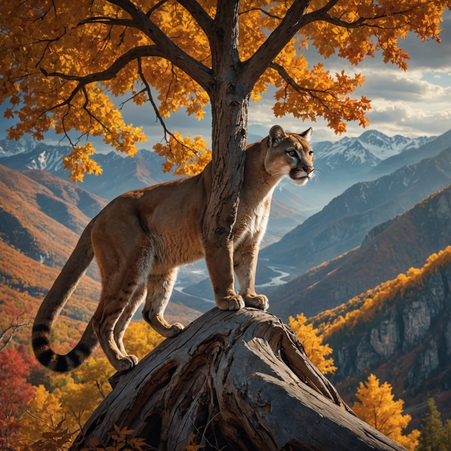 Mountain Lion on Autumn Tree: Digital Matte Painting