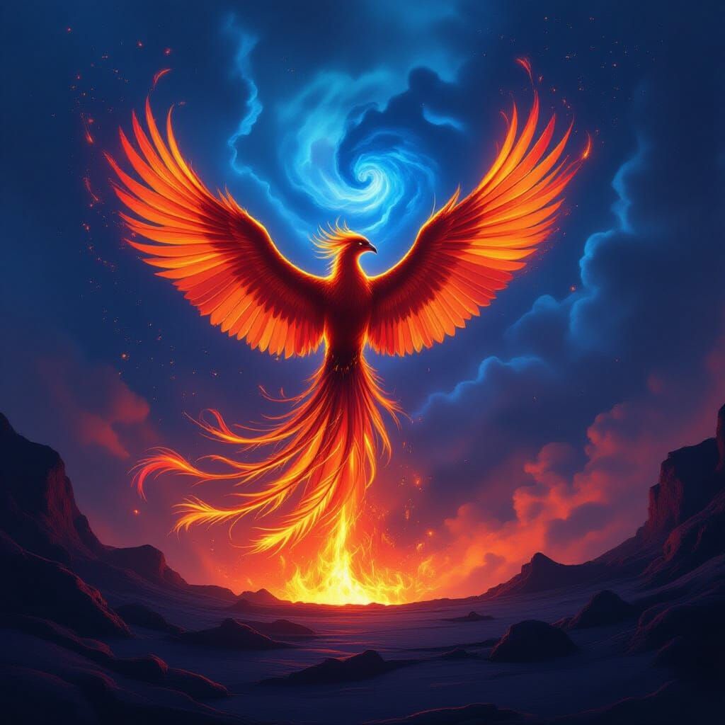 Phoenix Rises from Volcano Amidst Cosmic Nebula