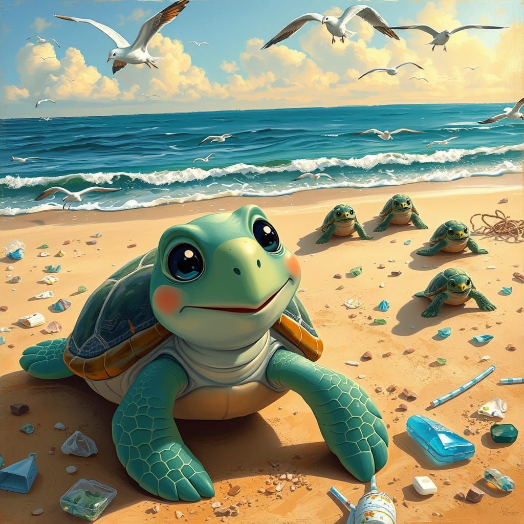Cartoon Sea Turtle Family on Polluted Beach, Oil Painting