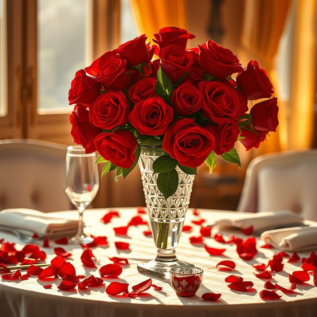 Luxurious Table Setting with Red Roses in Matte Painting Sty...