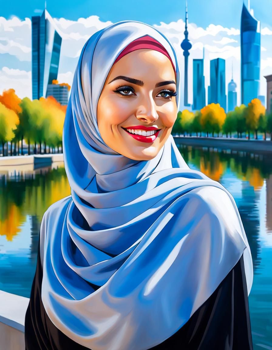 Elegant Hijabi Woman in City, Oil Painting