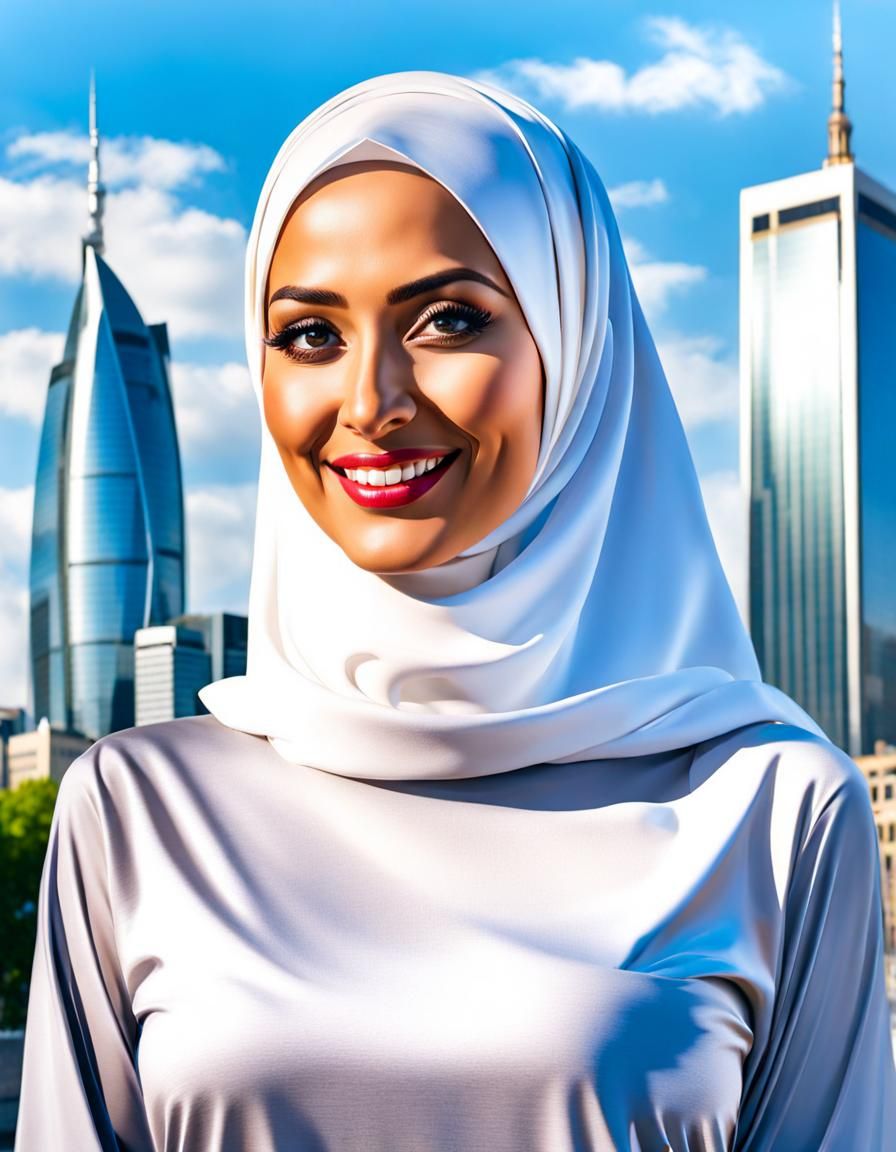 Elegant Hijabi Woman in Cityscape Oil Painting