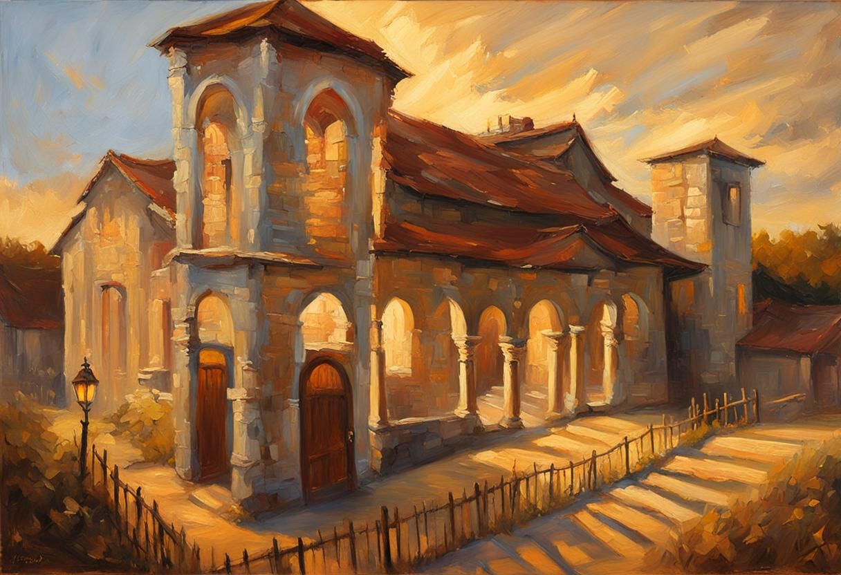 Sunlit Old-World Structure as Impressionist Oil Painting
