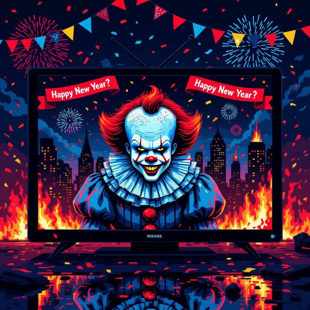 Sinister Clown TV Display in 8-Bit Pixel Art