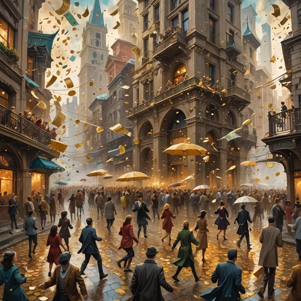 Money Rain in a Bustling Fantasy City