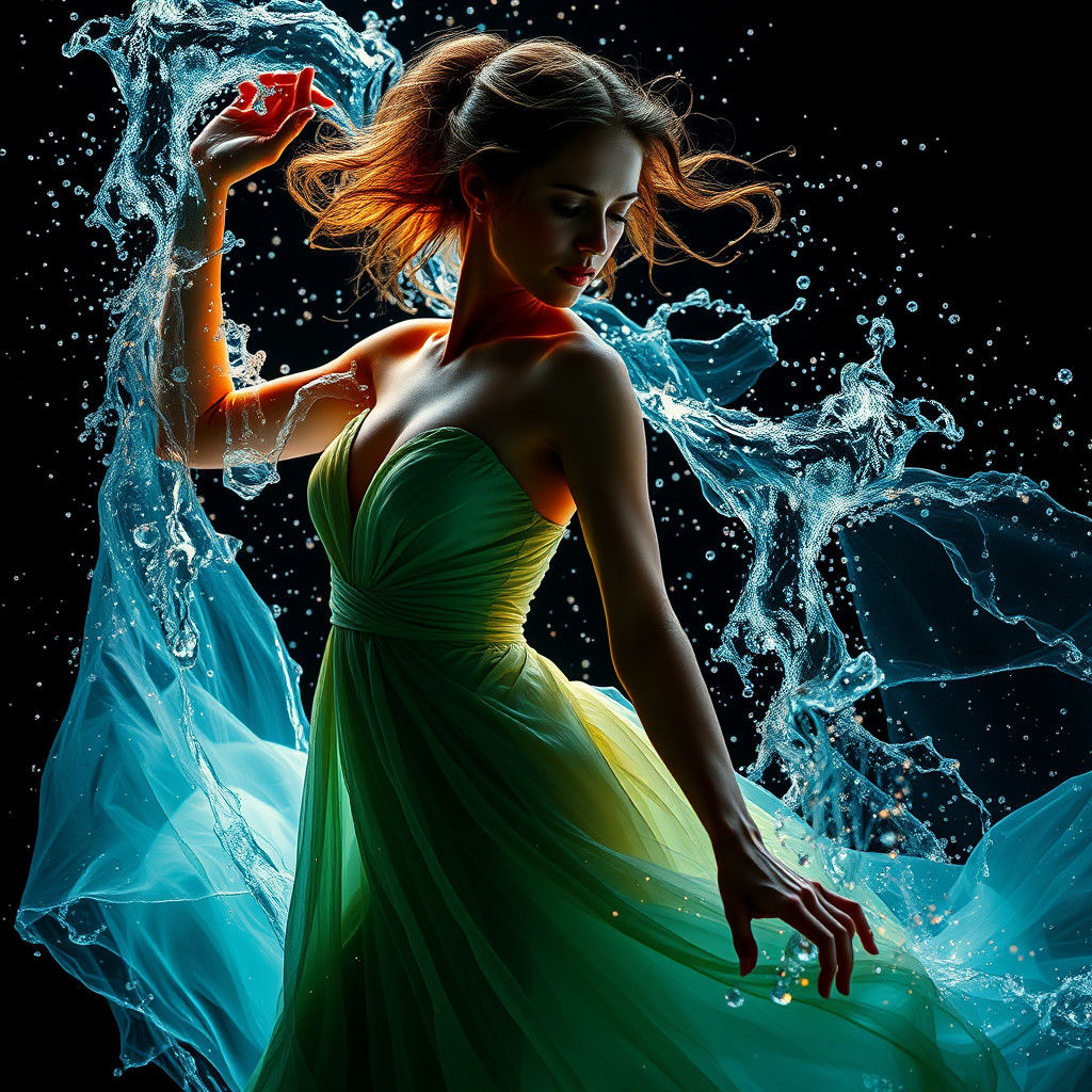 Bioluminescent Water Dress on Dancing Woman