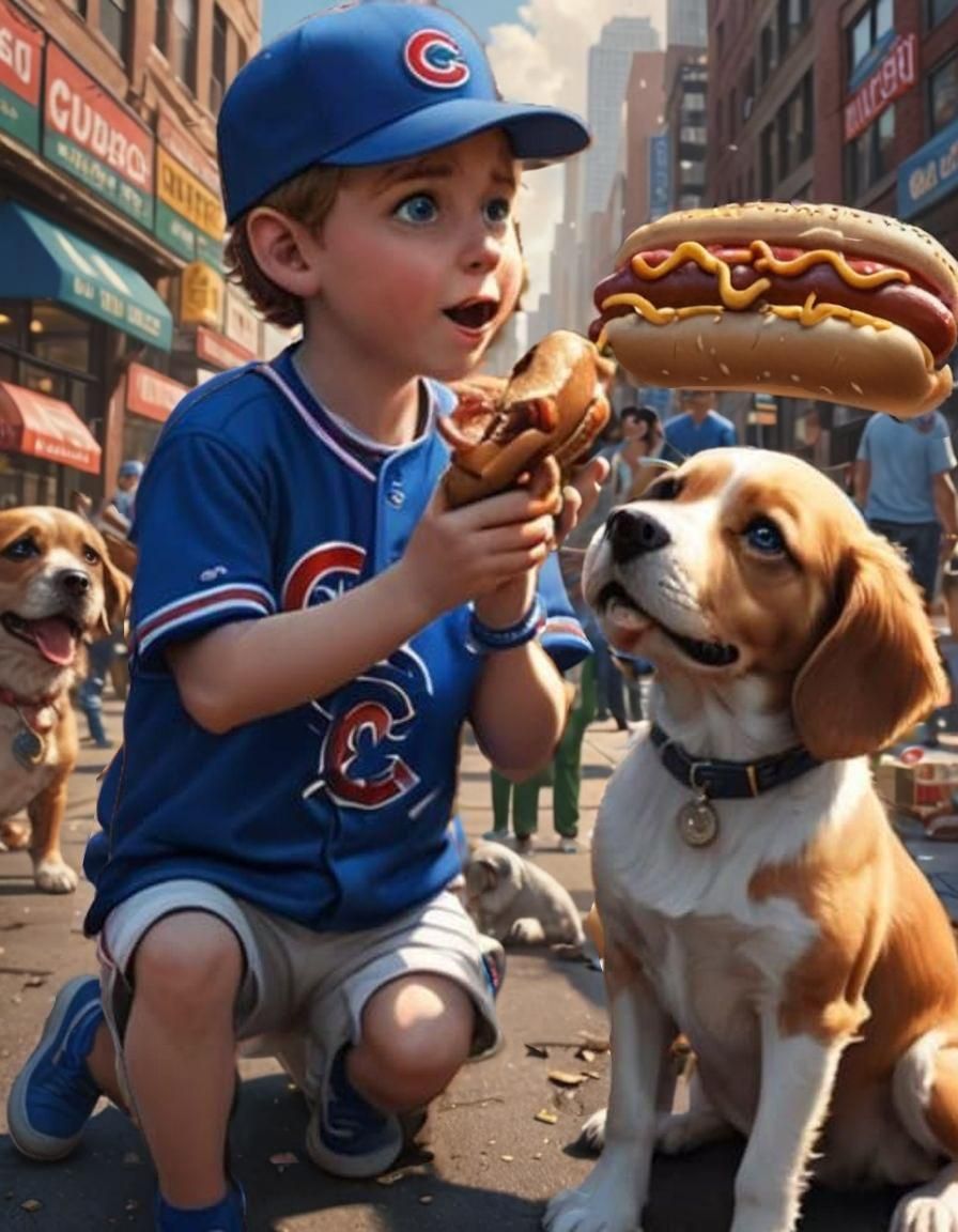 Boy and Puppy in Cubs Uniform Enjoying Hotdogs