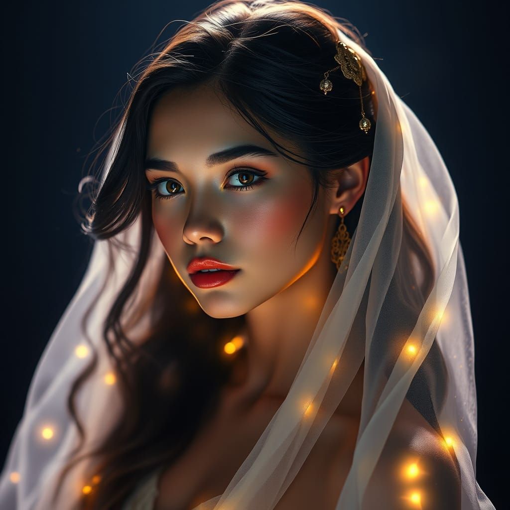 Ethereal Woman in Golden Hour Light with Ornate Gold Accents