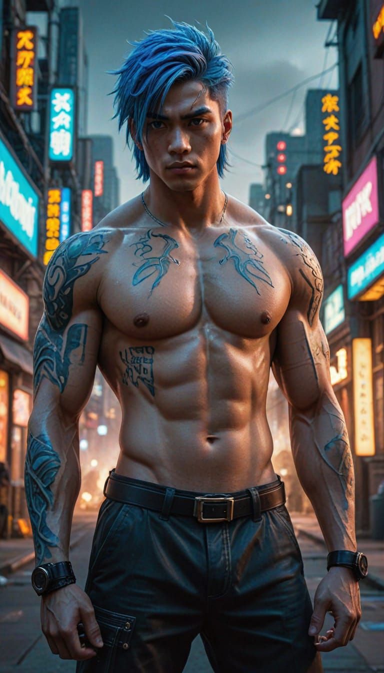 Cyberpunk Demon Slayer with Blue Hair Standing in Front of a...