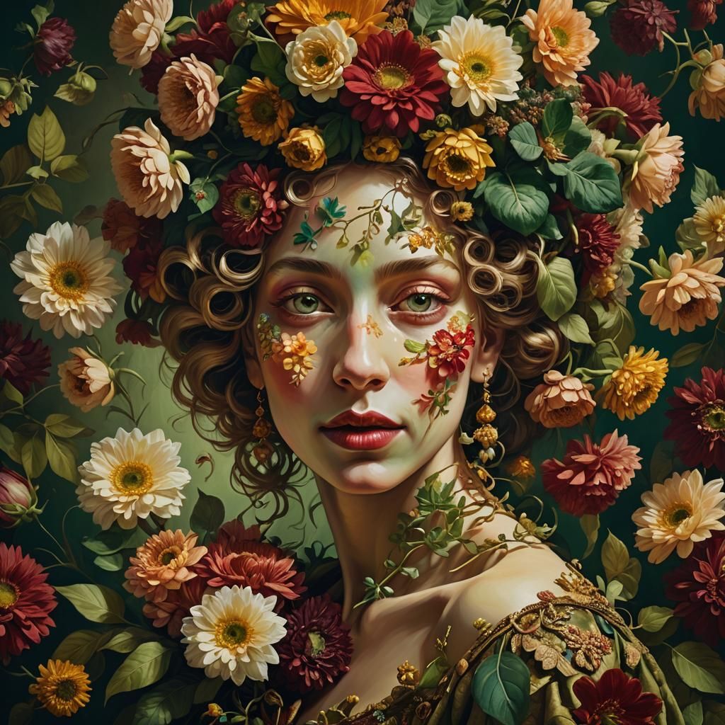 Floral Woman Kissing Feet: Arcimboldo and Rembrandt Style