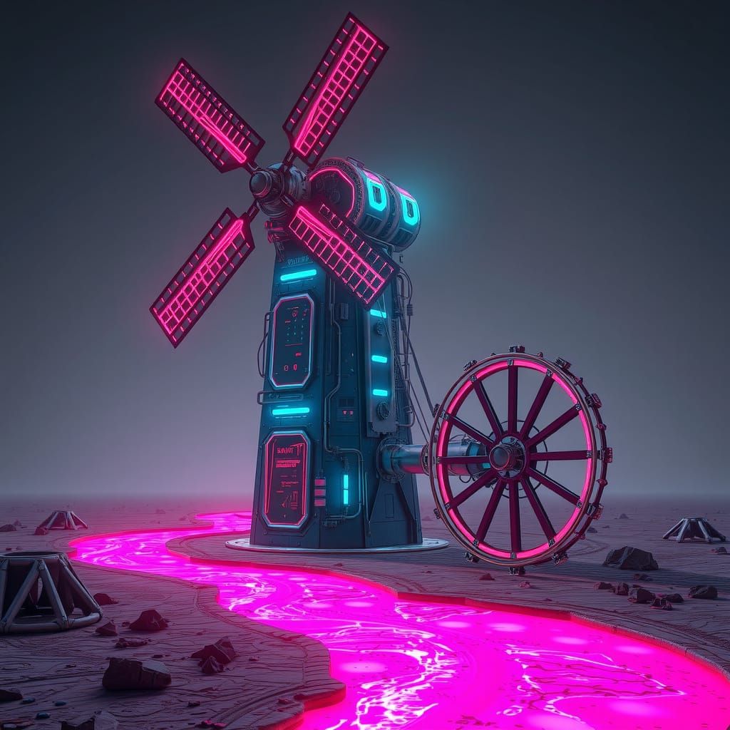 Neon Cyberpunk Windmill Dominates Lunar Landscape