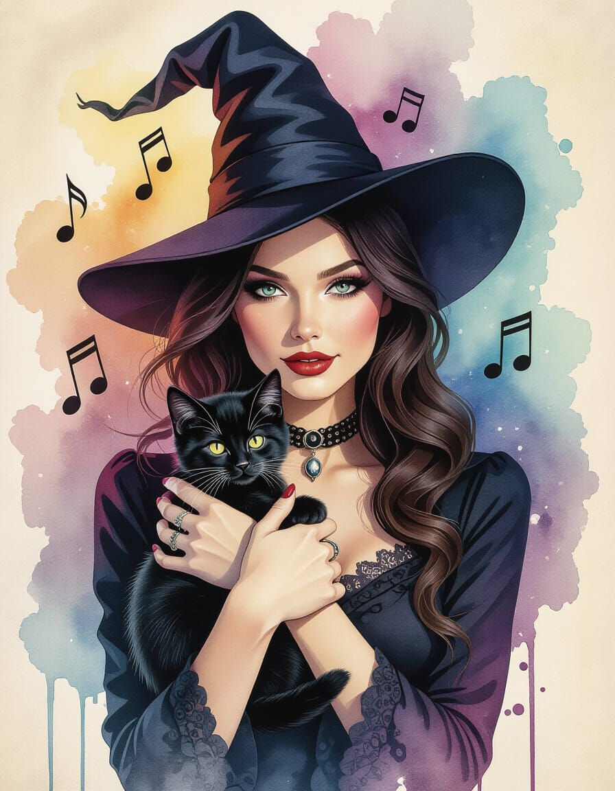 Vintage Witch with Black Kitten in Watercolor Style