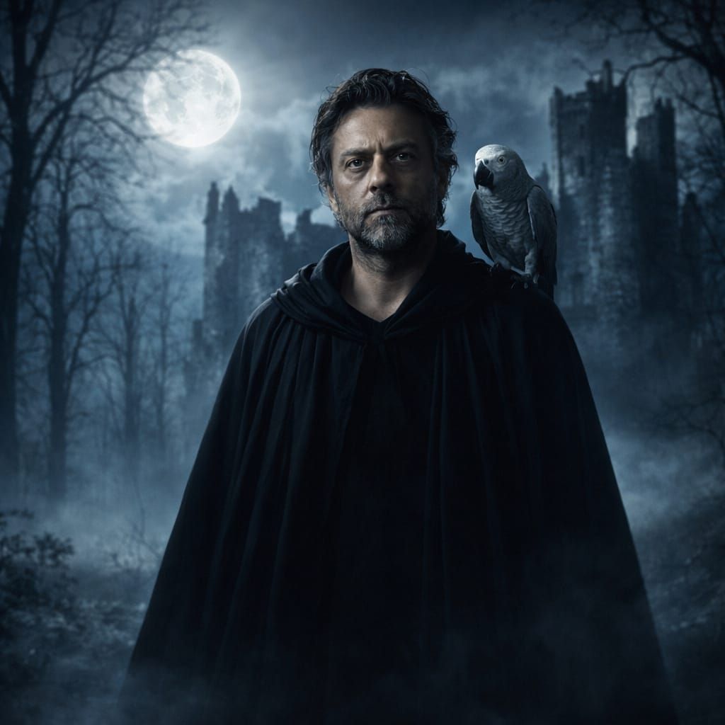 Mystical Forest Scene With Character and Parrot