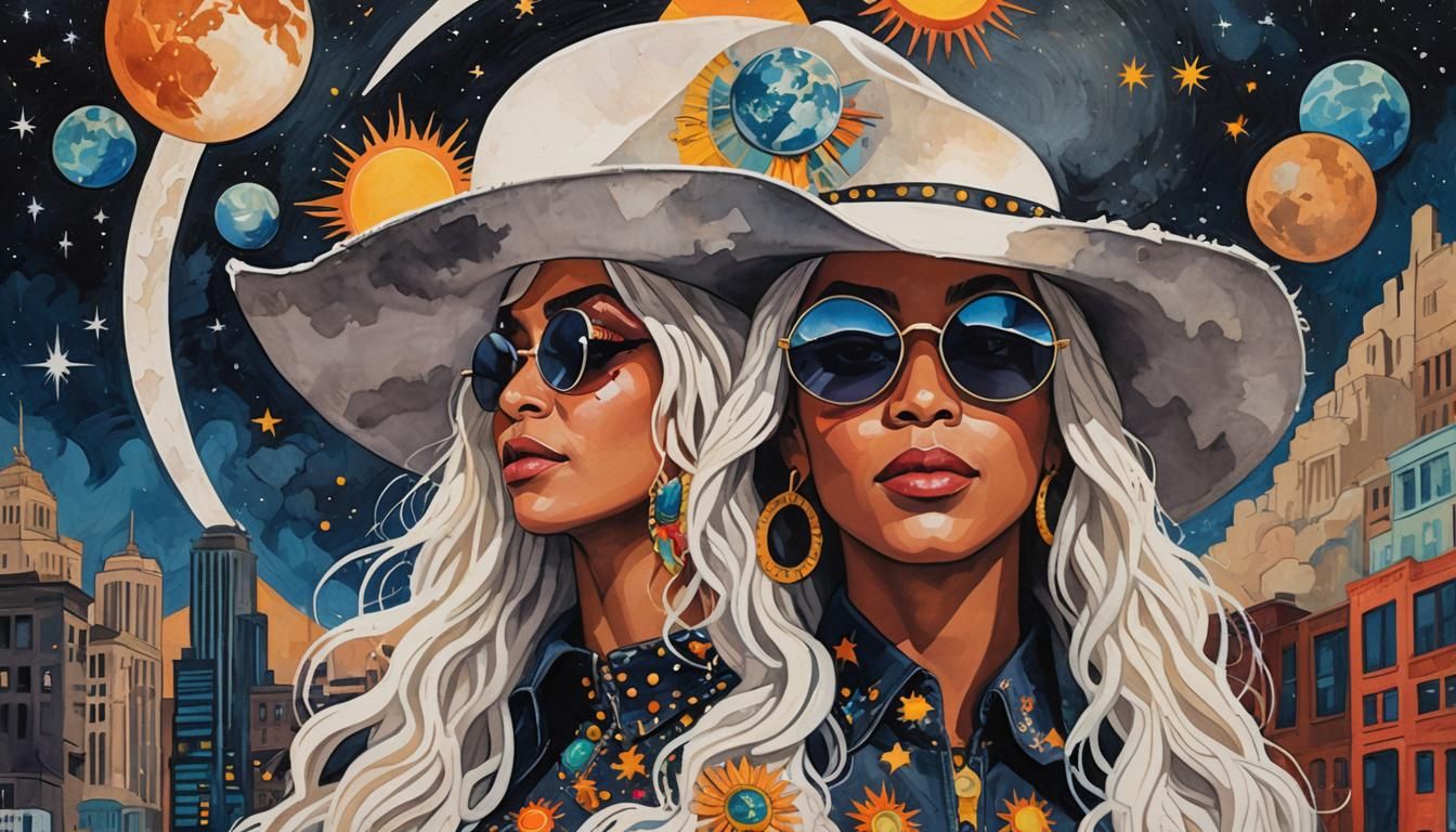 Beyonce in Dystopian City with Two Suns, Matisse Style