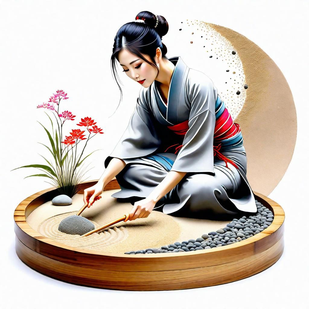 Japanese Woman Raking a Miniature Zen Garden