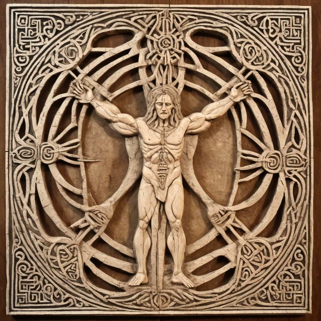 Vitruvian Man in Nordic Knotwork Bas-Relief