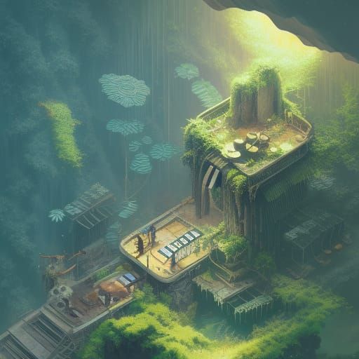 Mysterious Jungle Cave Greenhouse in Isometric Art