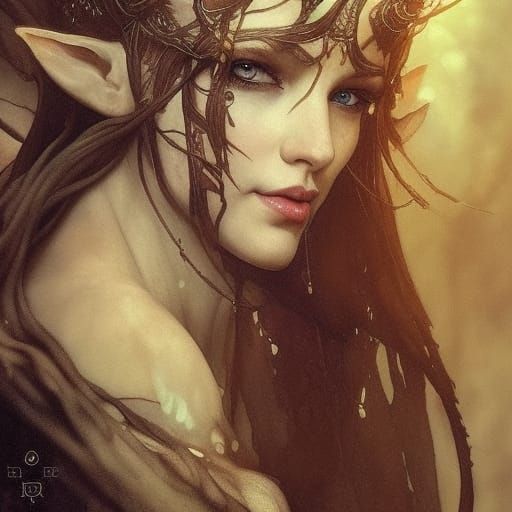 Elf Queen Portrait in Art Nouveau Style