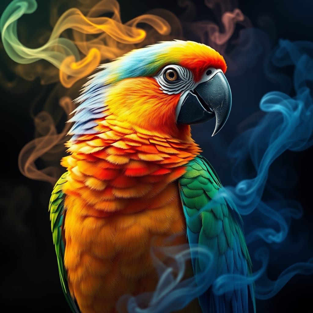 Vibrant Parrot in Iridescent Feathers with Dreamlike Atmosph...