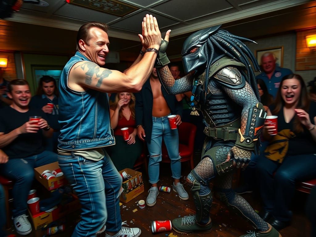 Arnold Schwarzenegger High-Fives The Predator in a Rowdy 80s...