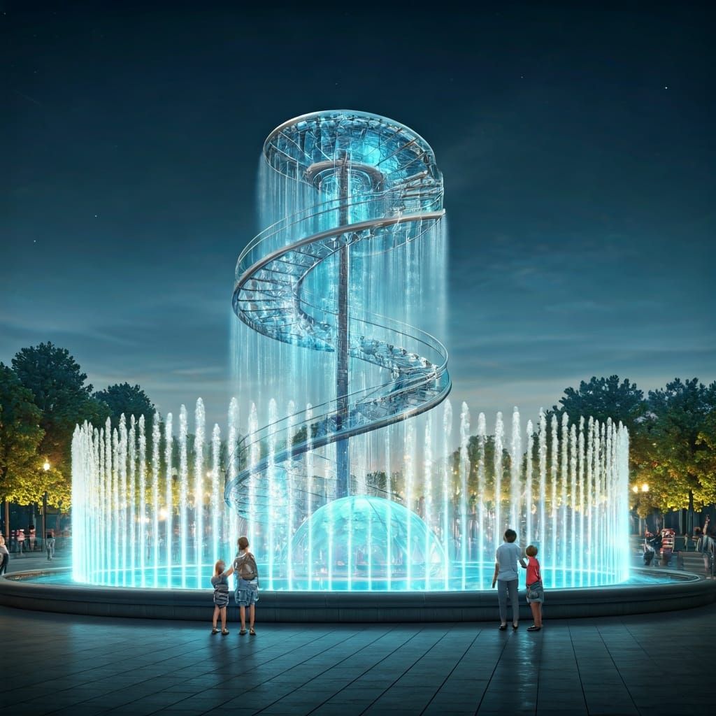Futuristic Spiral Fountain in City Park