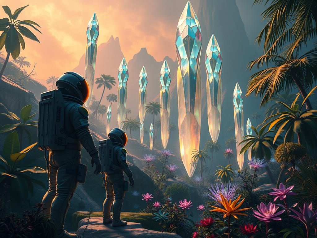 Sleek Space Explorers Amidst Lush Alien Jungle
