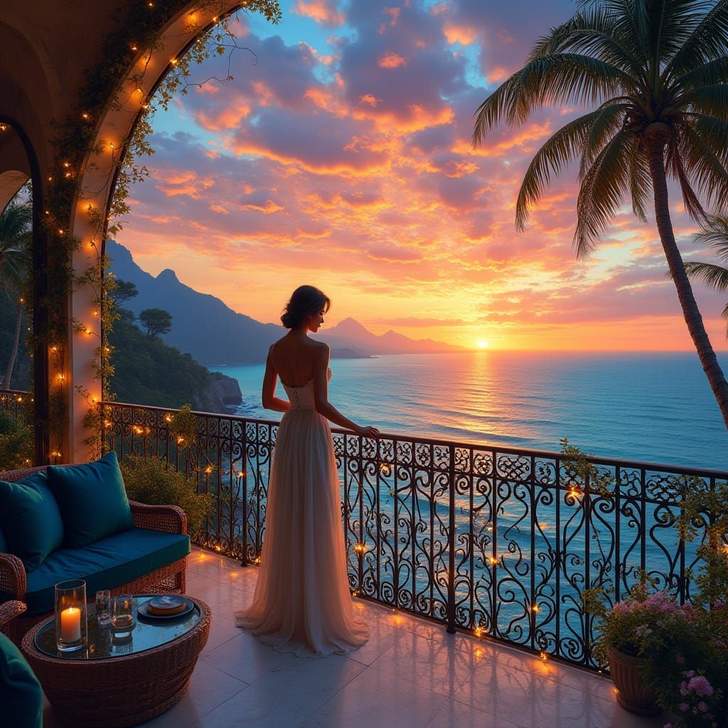 Ethereal Sunset Coastline Scene in Luxurious Art Deco Style