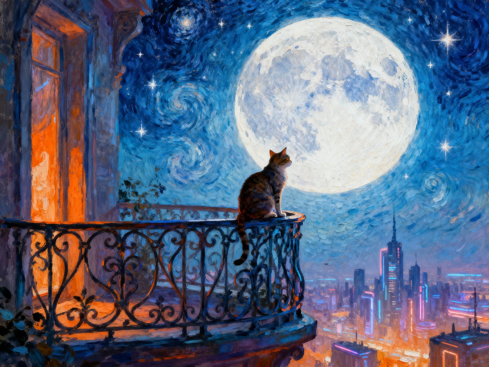 Cat on Ornate Balcony Under Luminous Moon