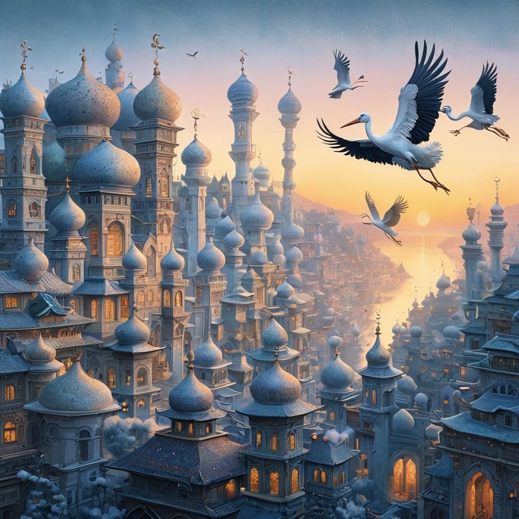 Storks Fly Over Oriental Fairytale Town: Hyperrealistic Illu...