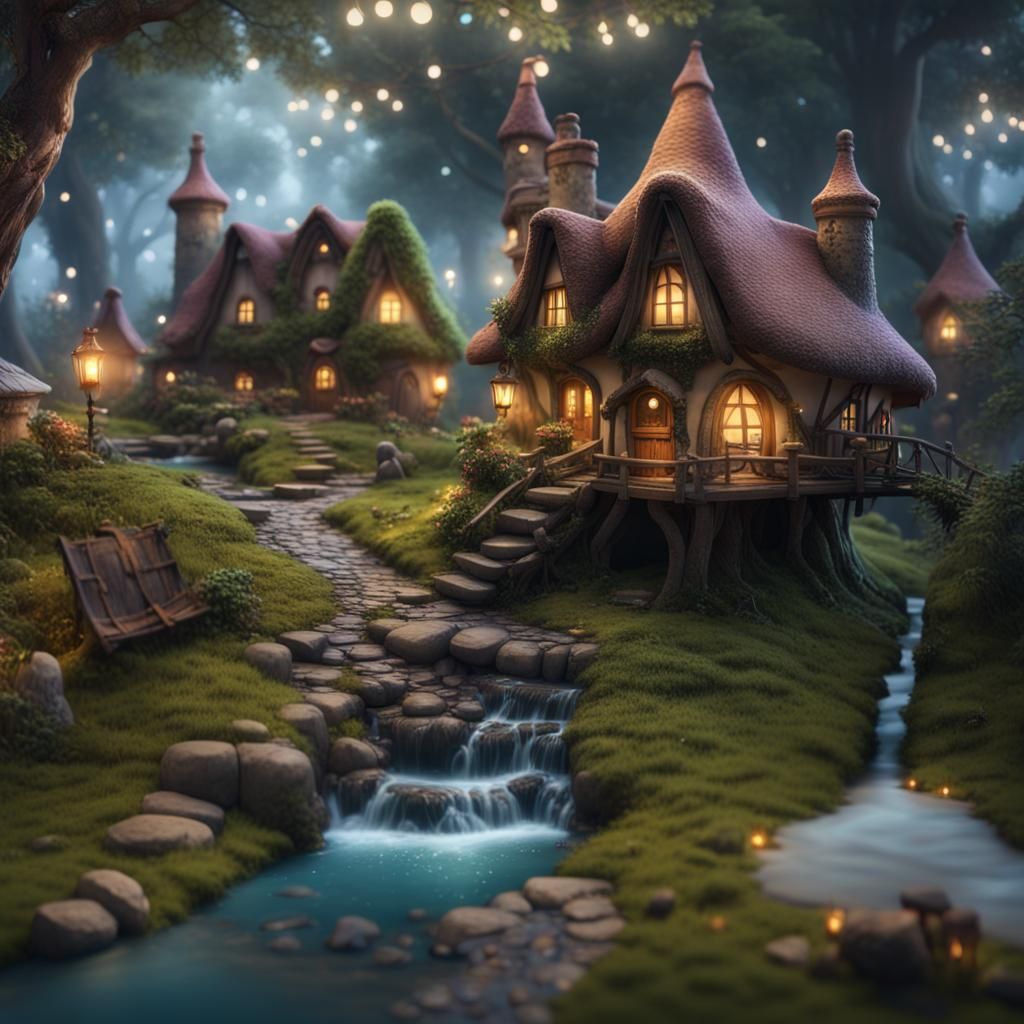 Enchanted Fairy Village with Twinkling Lights