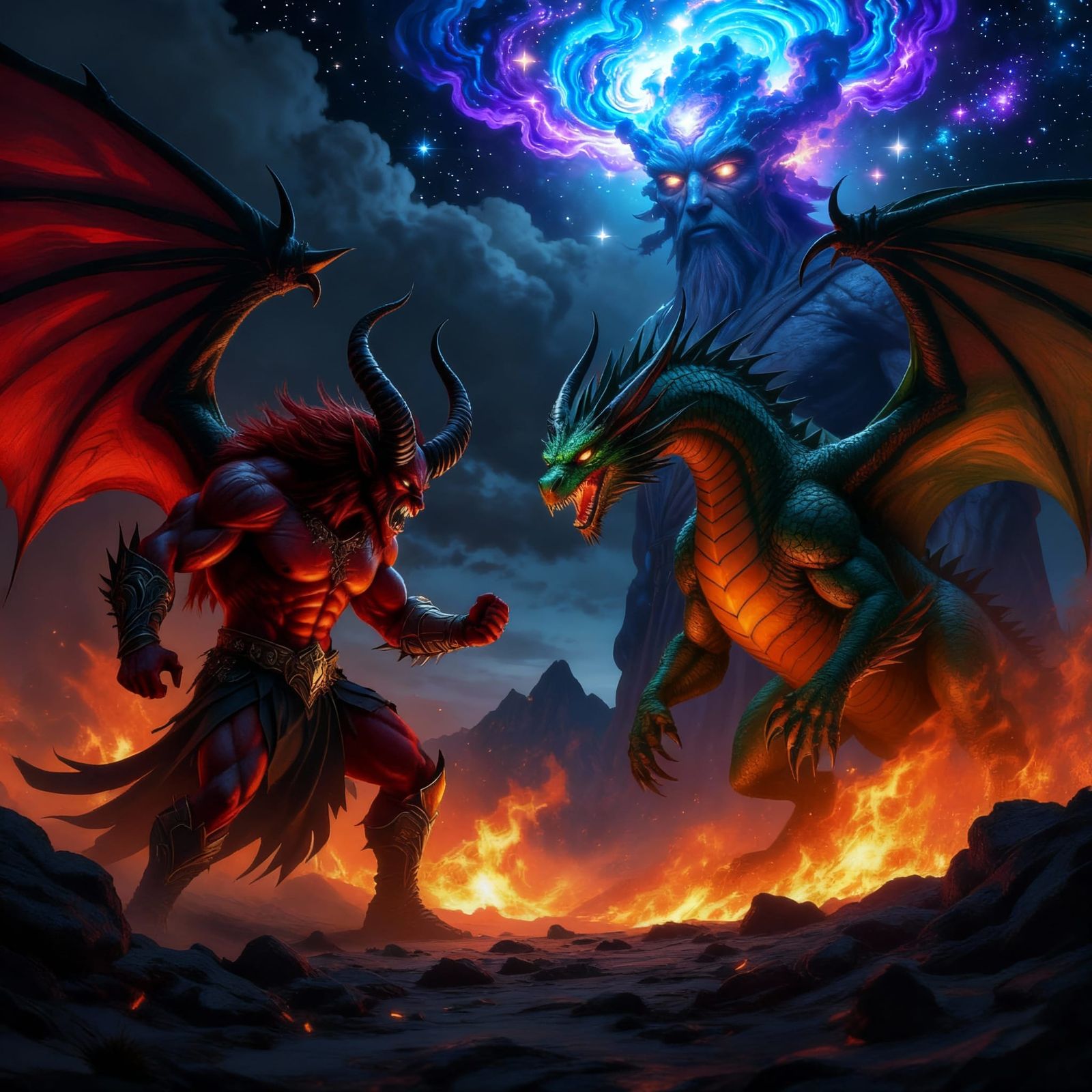 Demon Battles Dragon Under Celestial Titan's Gaze