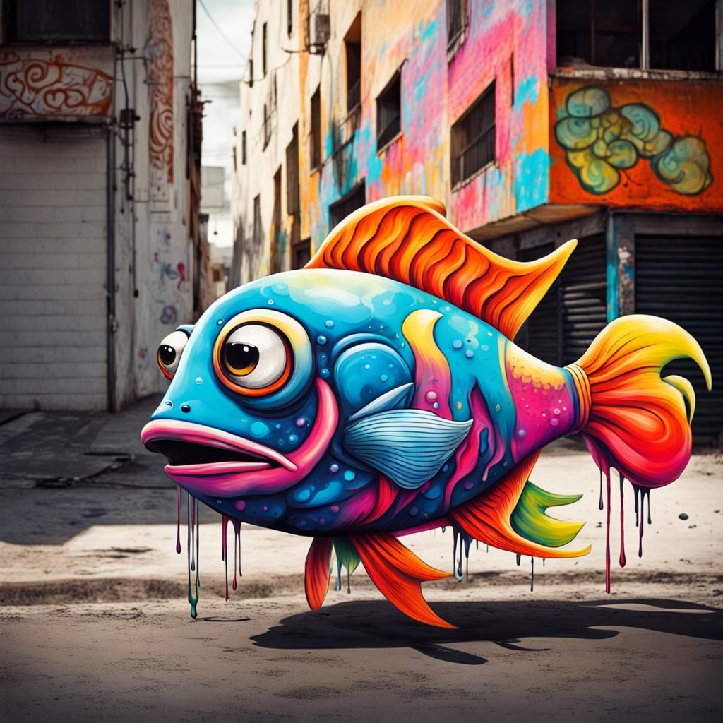 Anthropomorphic Fish Police Patrol Tijuana in Graffiti Art