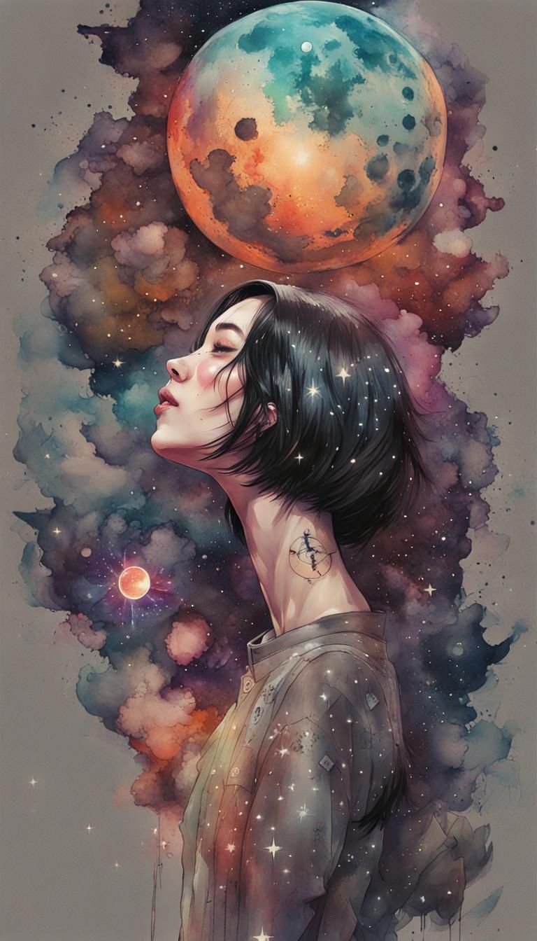 Double Exposure Portrait with Galaxy, Watercolor Style
