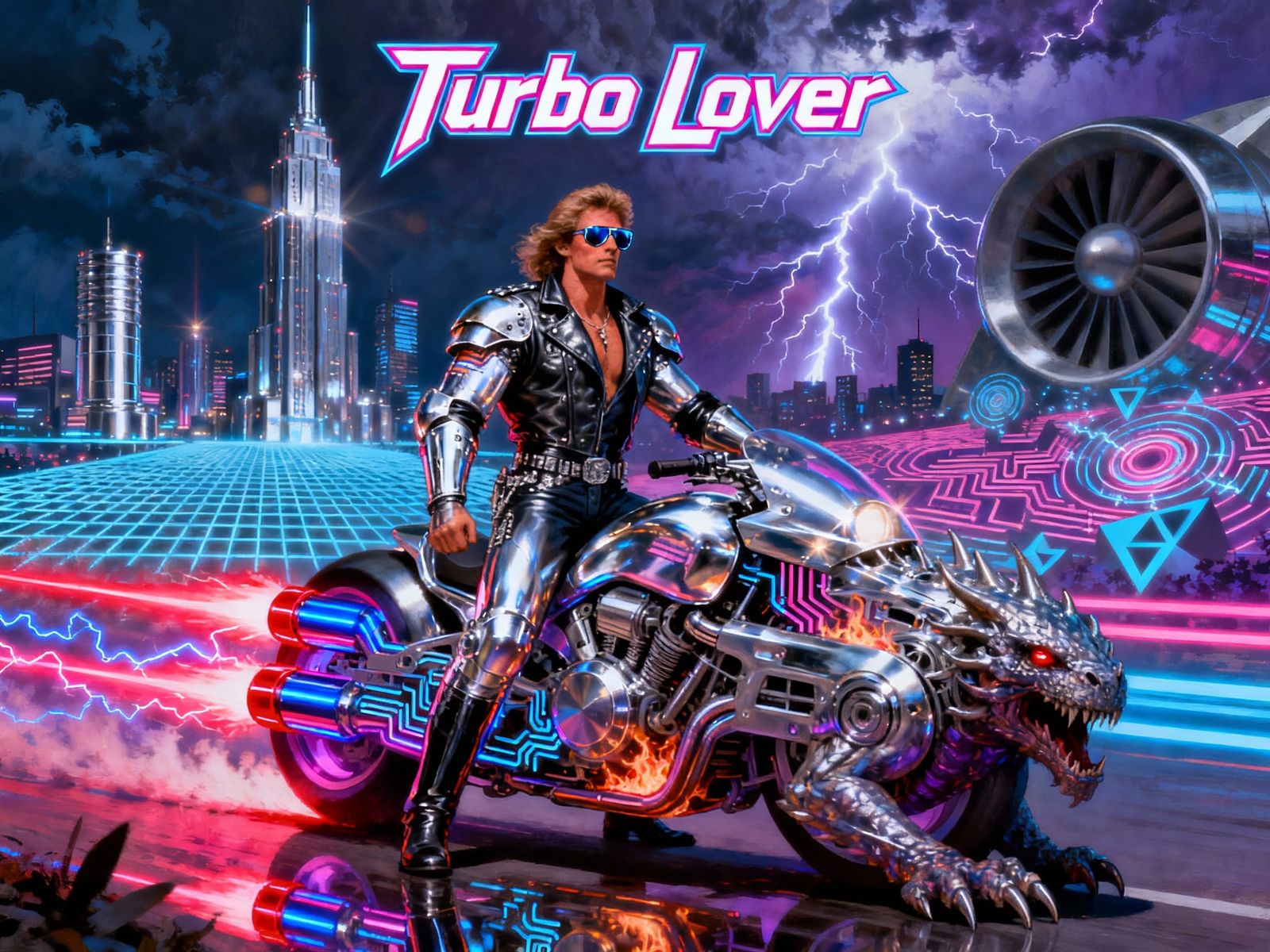 Futuristic Heavy Metal Rider in Cyberpunk Cityscape