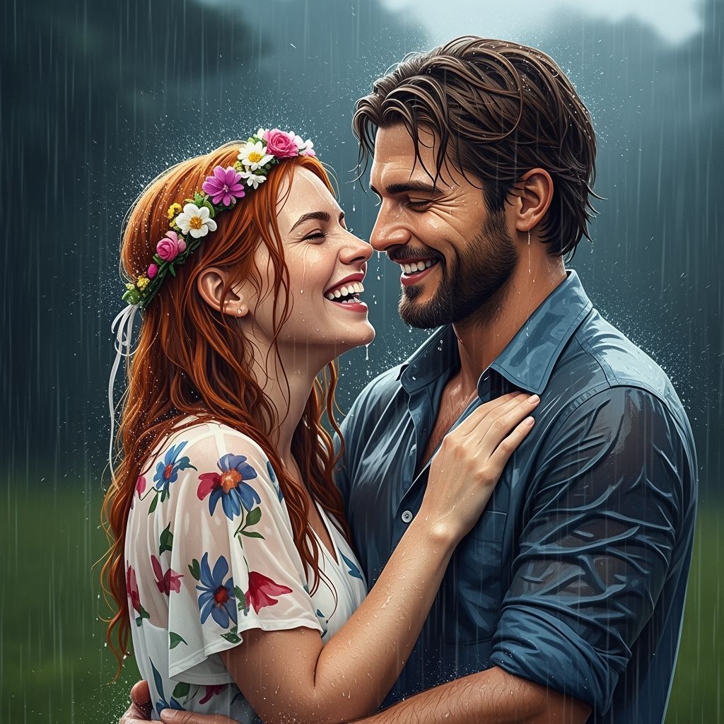 Joyful Couple's Rainy Embrace: Detailed Matte Painting