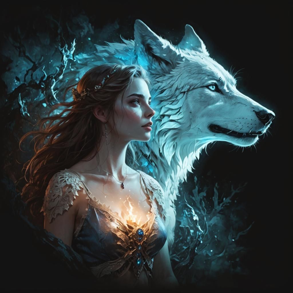 Girl and Wolf in Dark Fantasy Style