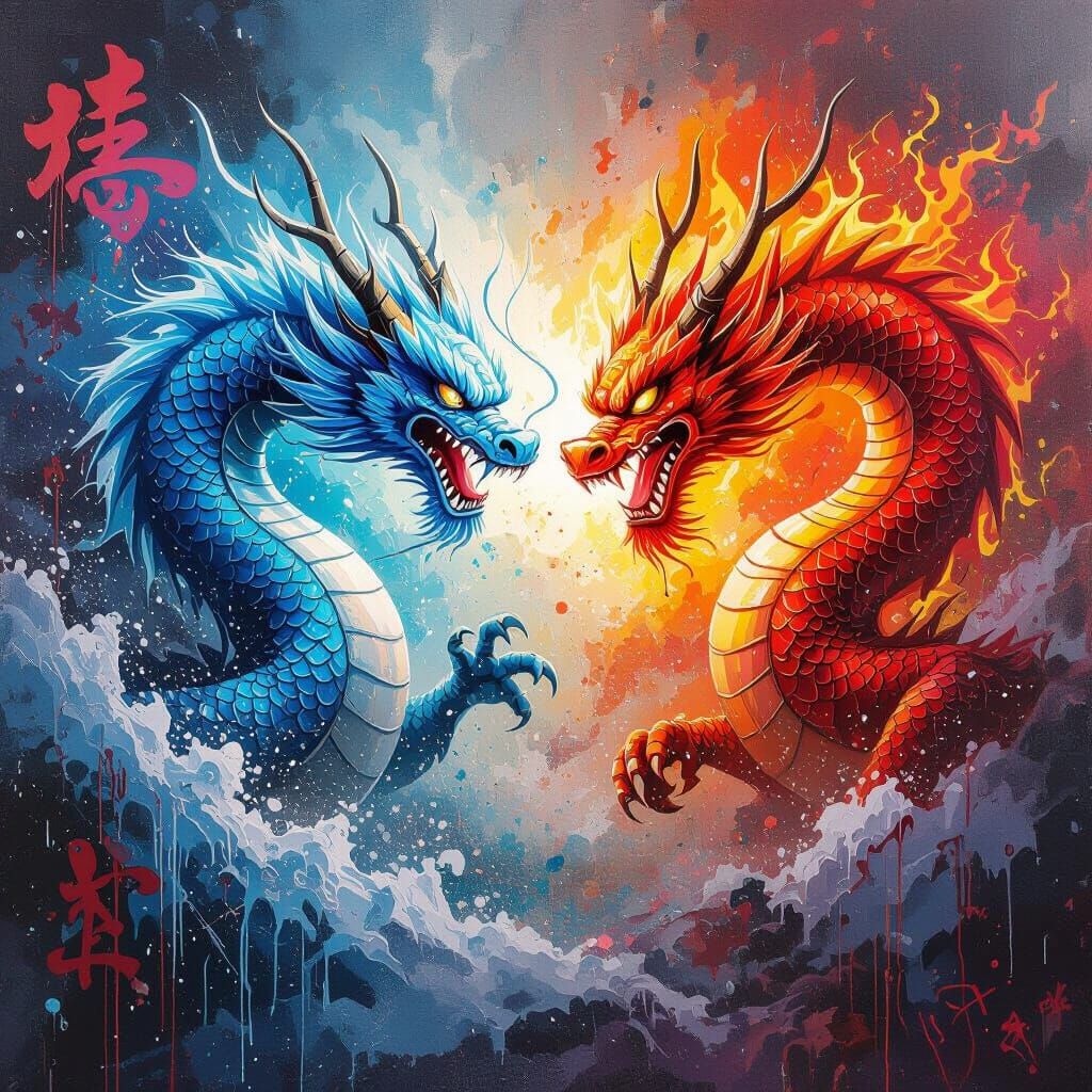 Ice Dragon vs Fire Dragon in Graffiti Art Style