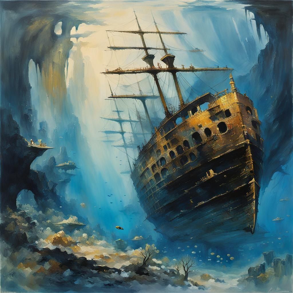 Underwater Shipwreck in Modern Acrylic Style