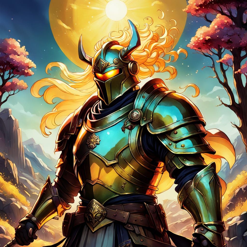Radiant Cartoon Paladin in Golden Hour Lighting