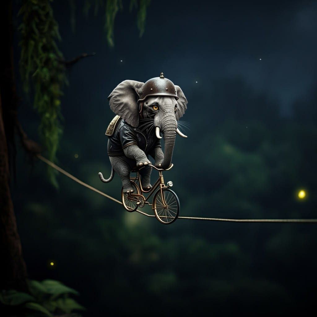 Cat-Elephant Hybrid Tightrope Cyclist in Dreamlike Forest