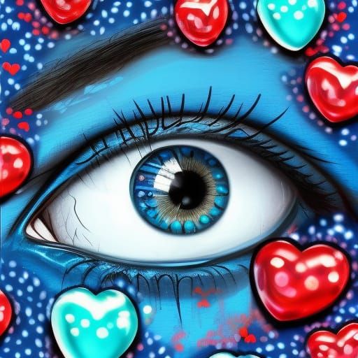 Hyperrealistic Eye with Love Hearts Graffiti Art