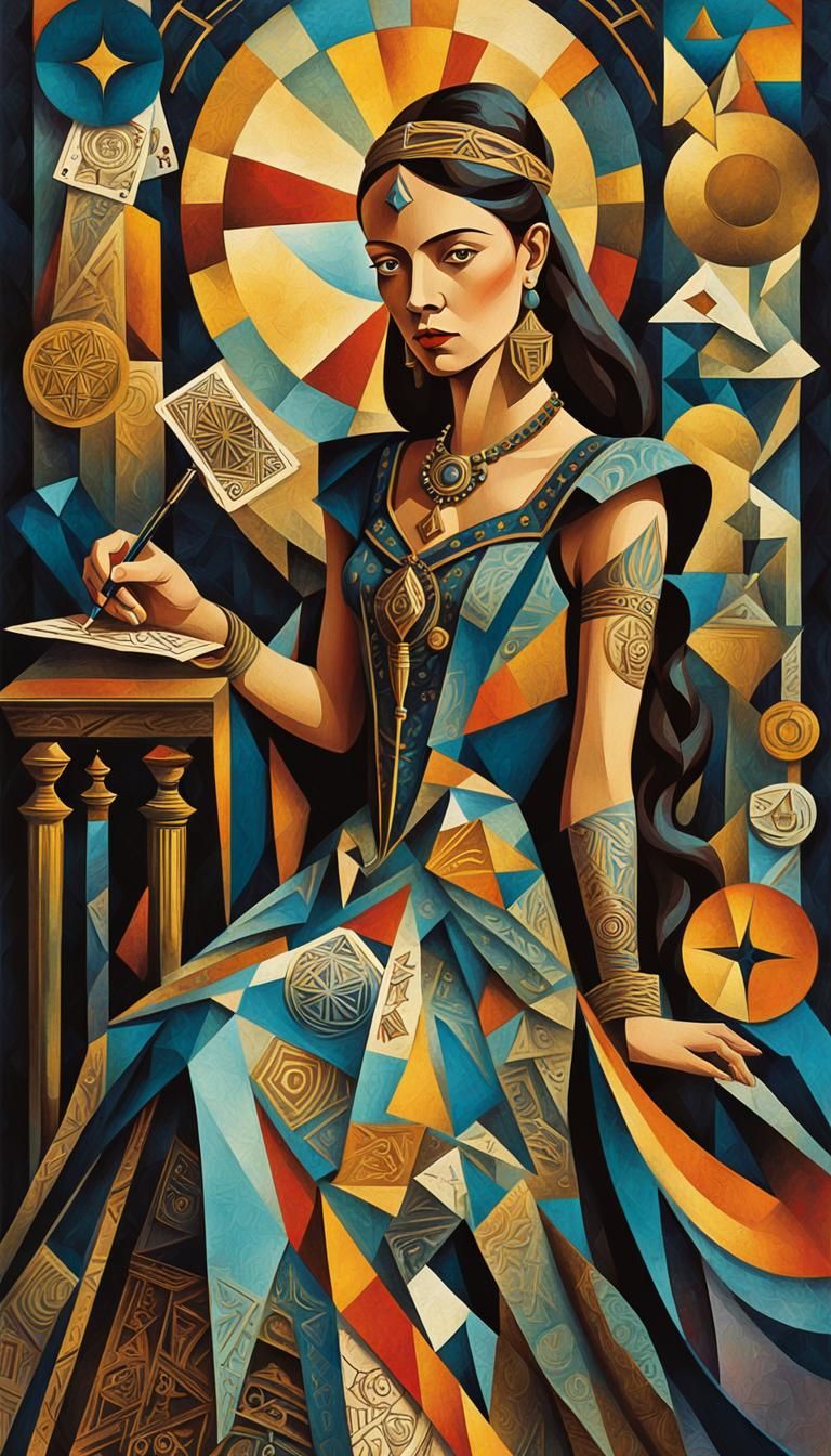Cubist Tarot Card Art: Female Designer with Pen of Fate